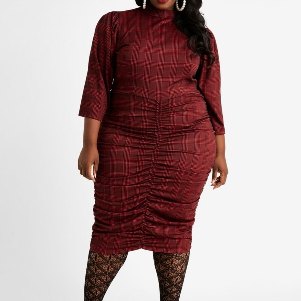 Red Ruched Mock Neck Houndstooth Dress